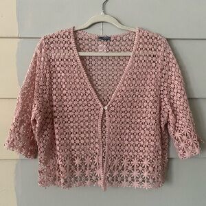 Delicate Pink Crochet Open-Knit Floral Pattern 3/4 Sleeve Crop Cardigan Girly